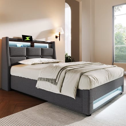 linnen gestoffeerd bed-Opbergruimte-90x200-Grijs-Gestoft bed met USB-LED (Zonder matras)