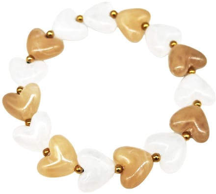 Elastische armband - RVS kralen - hartjes - bruin-wit