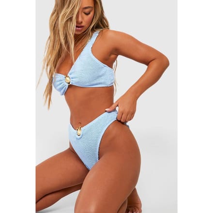 boohoo Dames Shell Trim Crinkle High Waist Bikini Brief | Cornflower Blue | Maat: 6