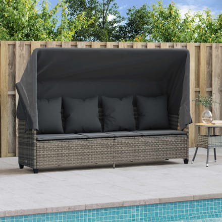 vidaXL - Ligbed - met - luifel - en - kussens - poly - rattan grijs