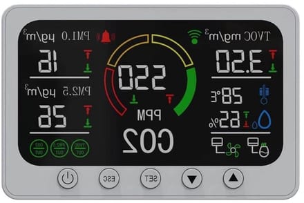 Luchtkwaliteitsmonitor - CO2-meter Deeltjesteller - Binnenklimaat Bewaken - 6-in-1 Sensor - 18x12x4 cm - Wit