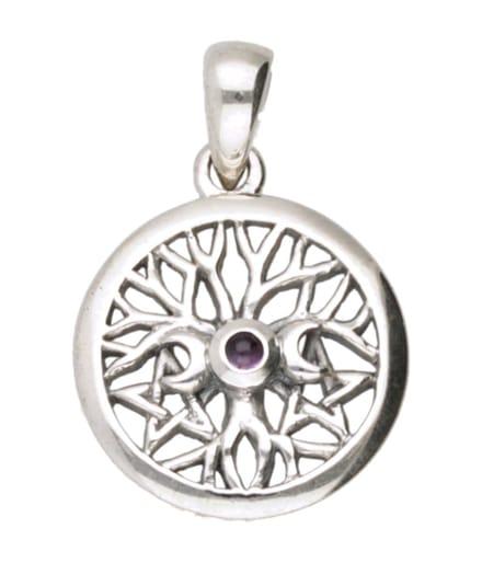 Zilveren Levensboom met 3 manen en amethyst kettinghanger