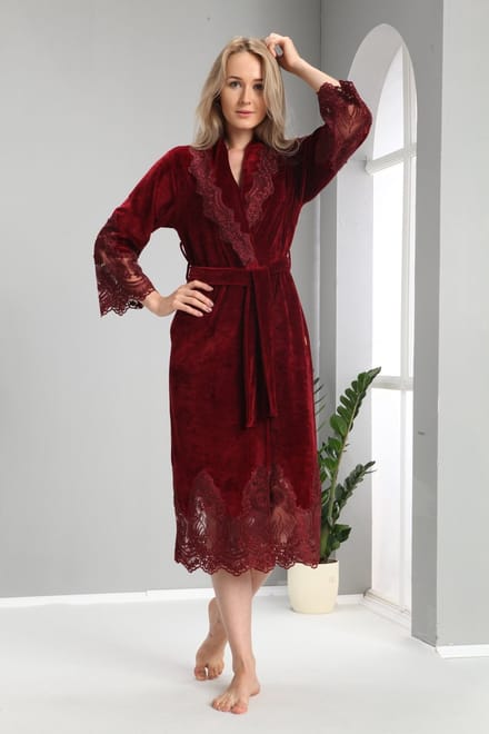 Dames Velour Badjas Sofie / Ochtendjas/ Bordeaux/ maat XXXXL