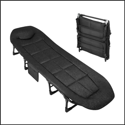 Opklapbed Camping 190 cm - Draagbaar Slaapbed Met Kussen - Stevig Frame Tot 227 kg - Compact Design - Zwart