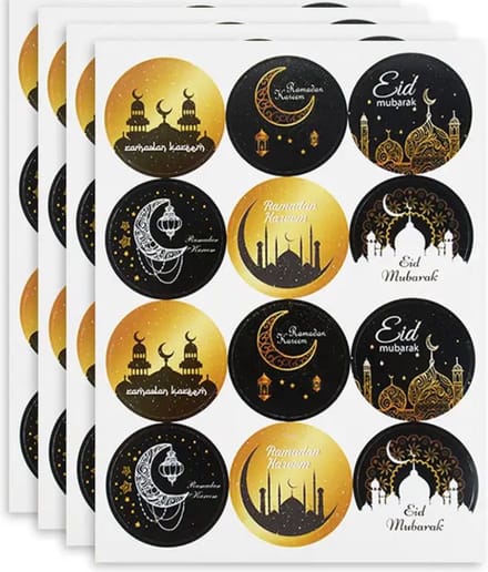 Akyol - Ramadan Stickers - Vel van 12 stuks - Eid Mubarak - Zwart en Goud - diameter 4 cm