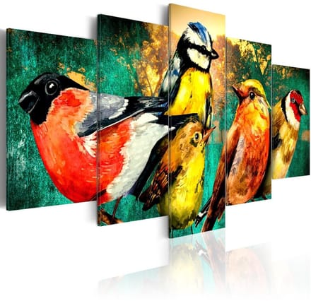 Schilderij - Kleurrijke  bijeenkomst van Vogels , 5 luik