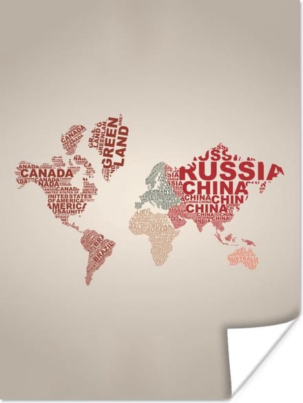 Poster - Wereldkaart - Letters - Land - 30x40 cm