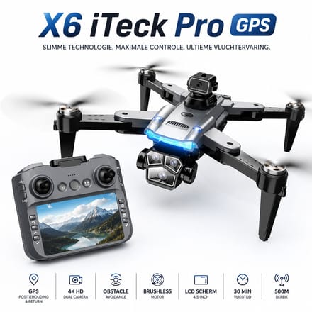 iTeck X6 Pro GPS Drone met Camera en Schermcontroller - Opvouwbare 4K Camera Drone met Obstakeldetectie en Brushless Motoren