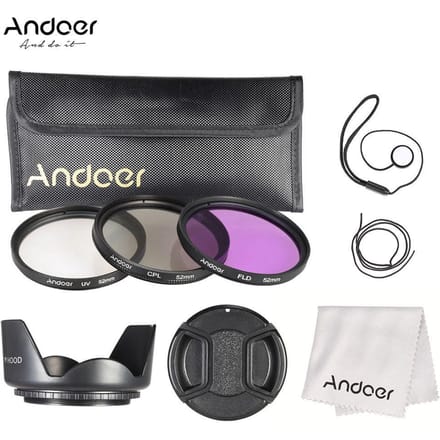 Andoer 52mm Filterkit (UV+CPL+FLD) + Nylon Draagtas + Lensdop + Lensdophouder + Zonnekap + 52 mm black