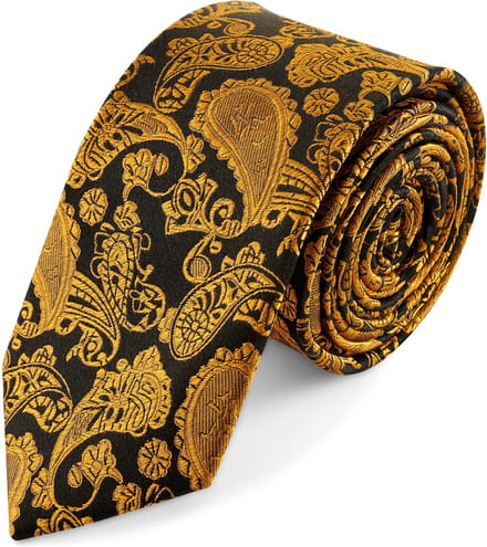 Zijden stropdas met goud en bruin paisleymotief | 6 cm