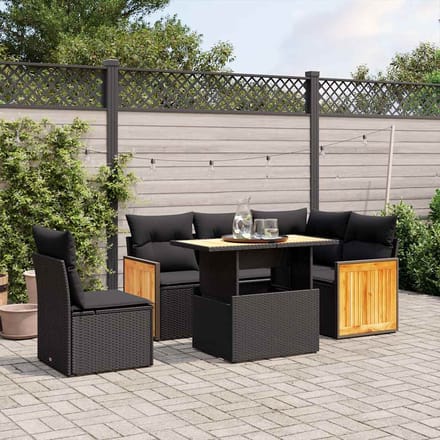 vidaXL - 6-delige - Loungeset - met - kussens - poly - rattan - zwart