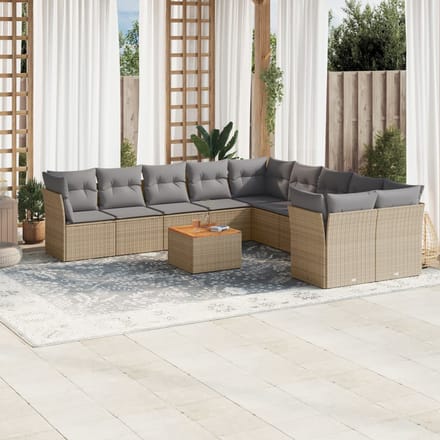 vidaXL - 11-delige - Tuinset - met - kussens - poly - rattan - beige