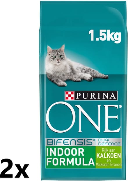 2x Purina One - Adult Indoor Kalkoen - Kattenvoer Droogvoer - 1,5 kg