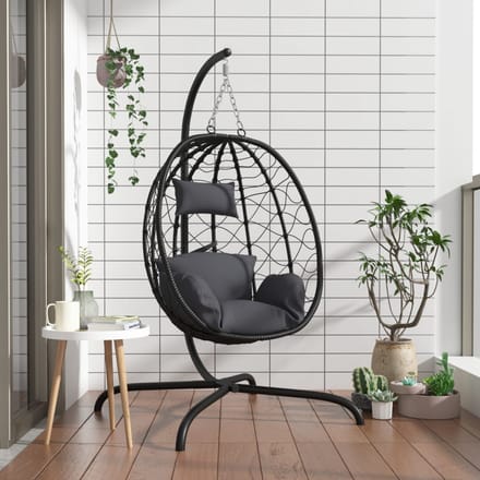 vidaXL - Hangende - Ei-stoel - met - Kussen - Antraciet - Poly - Rattan - & - Staal