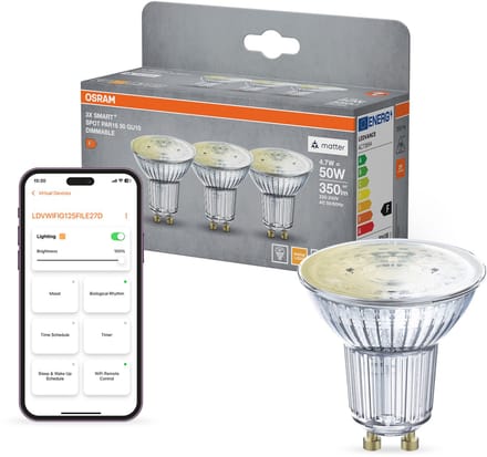 OSRAM SMART+ LED Spot PAR16 GU10 Warm White 3-pack, dimbaar, Matter-compatibel, app- en spraakbediening, 4,7 W, 2700 K, reflectorvorm