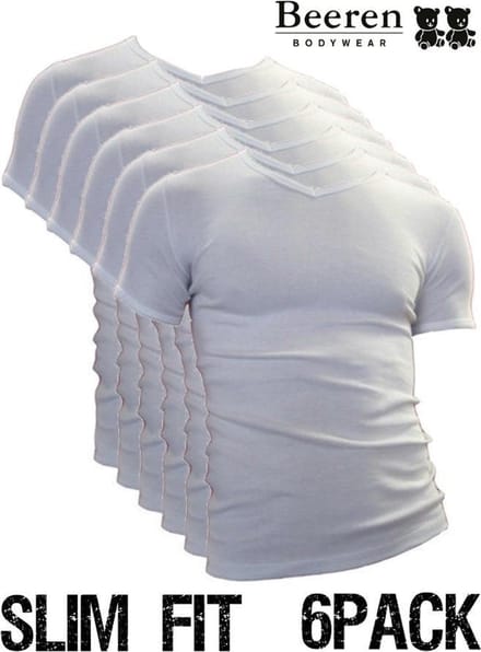 Beeren heren T-Shirt - V-Hals - maat M - 6-Pack - Wit - Slim Fit