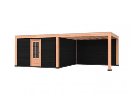 Douglas overkapping, 750 x 400, met achterwand en schuur, Westwood Modern Basic zwart