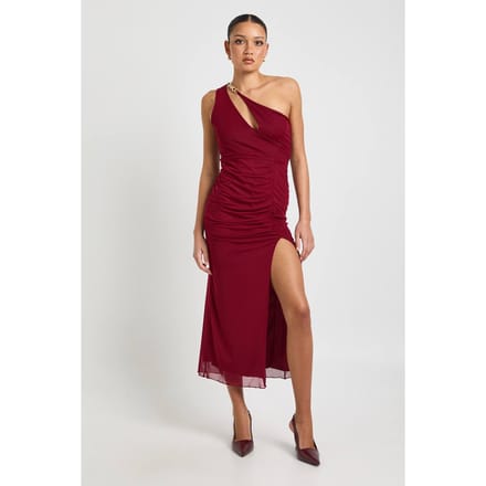boohoo Dames Uitgesneden Éen-schouder Mesh Midaxi Jurk | Bordeaux Rood | Maat: 40
