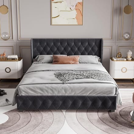 Gestoffeerd bed 140 x 200 cm met USB-stekker en LED-licht - Modern tienerbed met opbergruimte