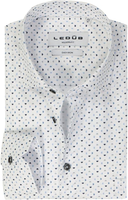 Ledub modern fit overhemd - popeline - wit met blauw dessin - Strijkvriendelijk - Boordmaat: 39
