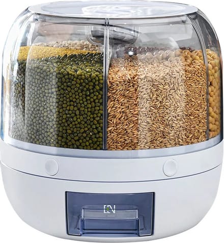 Dry Food Dispenser, Home Kitchen Organiser, 6 Grid, 6 kg, 360° Rotating Transparent Grain Container, Sealed Storage Box for Rice, Beans