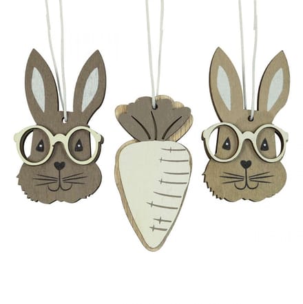Houten hanger konijn met bril wortel bruin beige 4×7,5cm 9st, 9 Stück