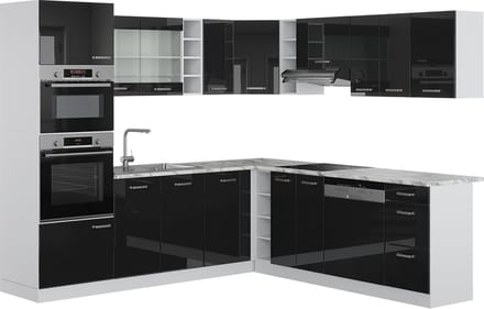 Vicco Hoekkeuken R-Line, Zwart hoogglans/Wit, 247 x 237 cm, WB Marmer