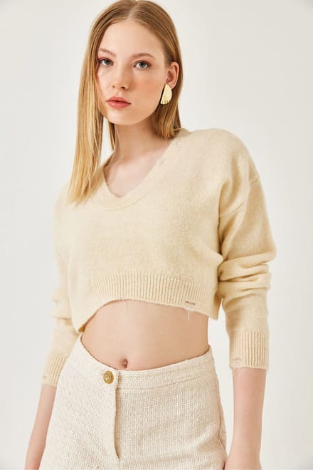 Gestructuurd V-Hals Losse Crop Brei Top