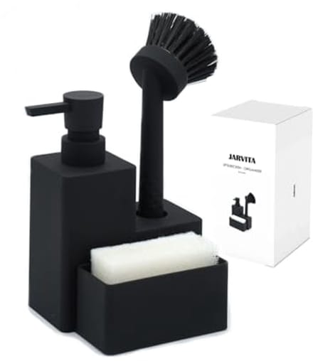 Zwarte spoelbak-organizer met dispenser, borstel en spons