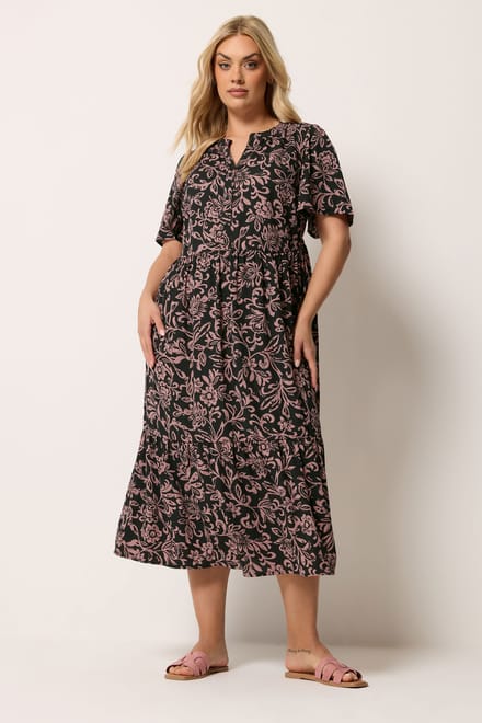 Yours Zwarte Abstracte Bloemenprint Jurk Met Knoopsluiting Size 48