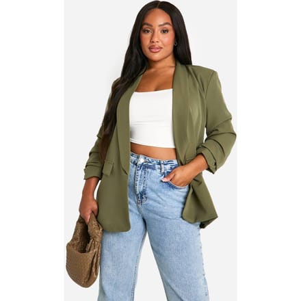 boohoo Dames Plus-size blazer met gerimpelde mouwen en reversdetails | Kaki | Maat: 54