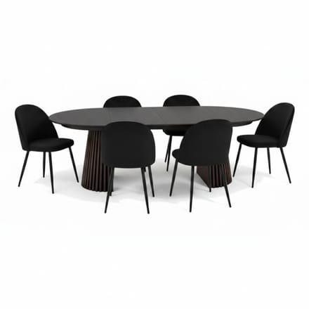 Tokyo eethoek eettafel zwart, 6 stoelen met zwarte velours bekleding.