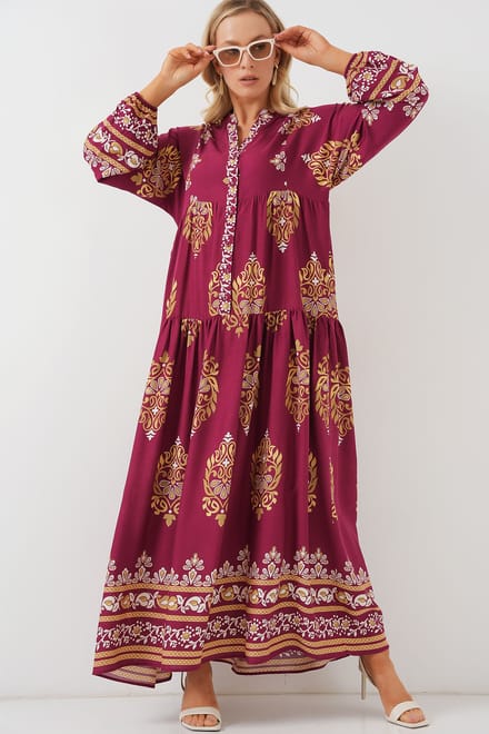 Gepatternde V-hals Maxi-jurk met knoopsluiting