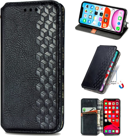 Luxe PU Lederen Ruitpatroon Wallet Case + PET Screenprotector voor iPhone 11 _ Zwart