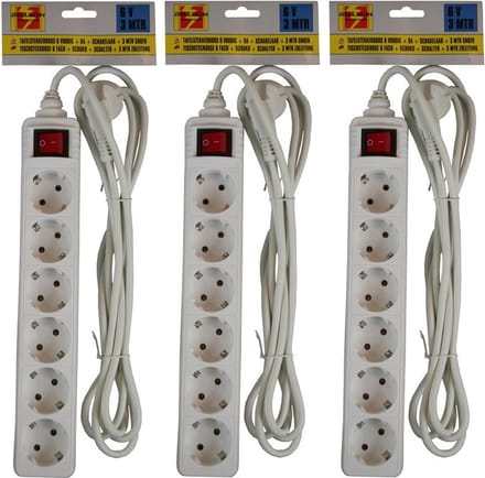 Benson stekkerdoos - 3x stuks - 6-voudig - wit - 3 meter - randaarde - schakelaar - verlengsnoer