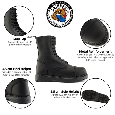 Grinders Unisex Zwarte Leren Stalen Neus Veterlaarzen - Stag ACS