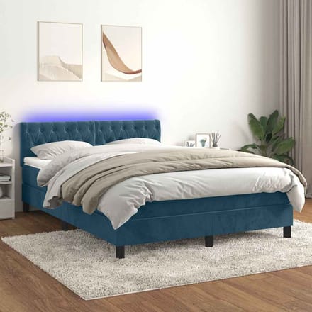 vidaXL - Boxspring - met - matras - en - LED - fluweel - donkerblauw - 140x190 - cm