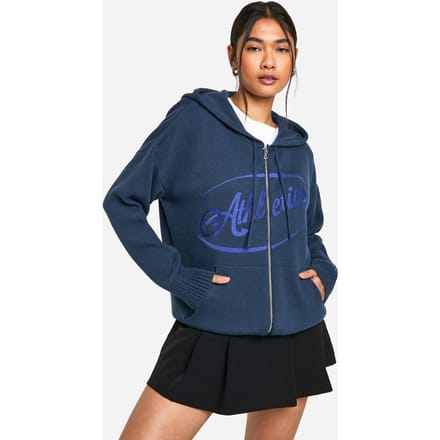 boohoo Dames Athletics Geborduurde Ritssluiting Door Overgroot Gebreide Hoodie | Navy | Maat: Medium