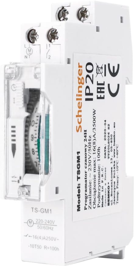 Schelinger Mechanische Tijdschakelaar 24 Uur - DIN-Rail - 16A - Dagprogramma - IP20 - 3500W - 96 Instellingen