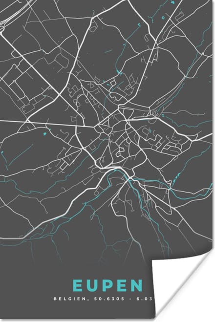 Poster Plattegrond – Eupen – Blauw – Stadskaart - Kaart - 80x120 cm