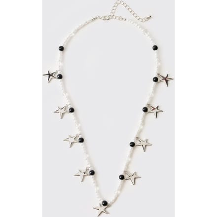 White Faux Pearl Necklace with Silver Stars