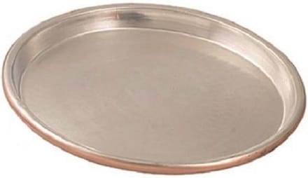 platte ronde pan van vertind koper, 28 cm diameter, randhoogte 3 cm