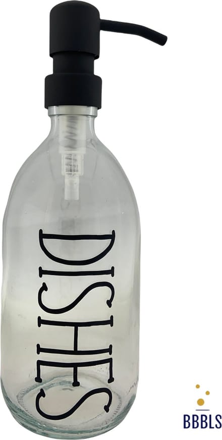 BBBLS® Design Dispenser "Dishes" | Transparant Glas | 500ml | RVS / Metaal Pomp Zwart | Zeeppomp | Zeepdispenser | Zeephouder