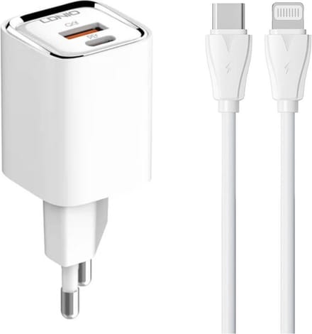 LDNIO 2in1 Oplader USB-C en USB-A - USB-C naar Lightning kabel - 30W - Snellader - Wit