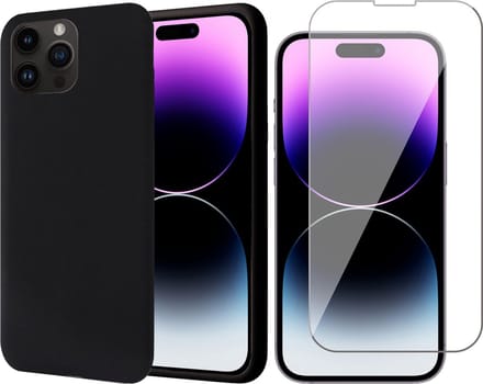 Hoesje geschikt voor iPhone 14 Pro Max - Screen Protector GlassGuard - Back Cover Case SoftTouch Zwart & Screenprotector