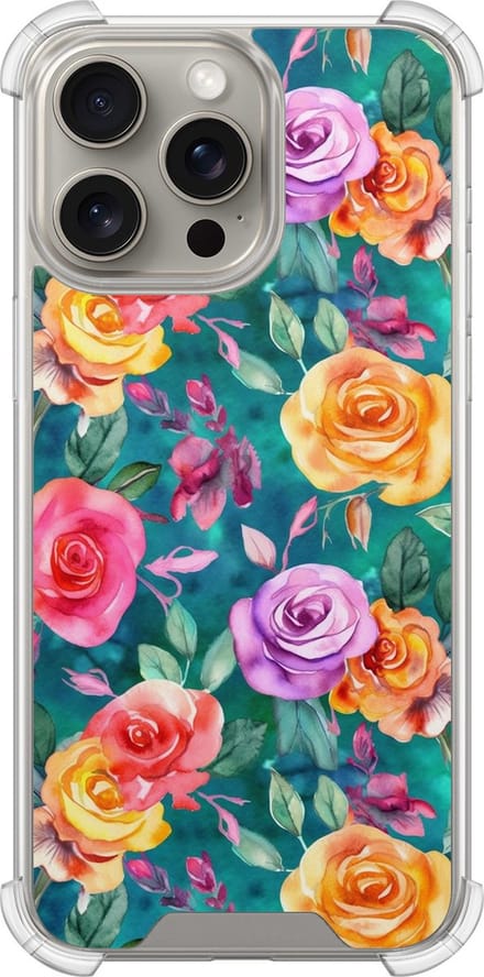 Shockproof hoesje - Geschikt voor iPhone 15 Pro Max - Rozen - Extra sterke case - TPU/polycarbonaat - Bloemen - Multi, Transparant