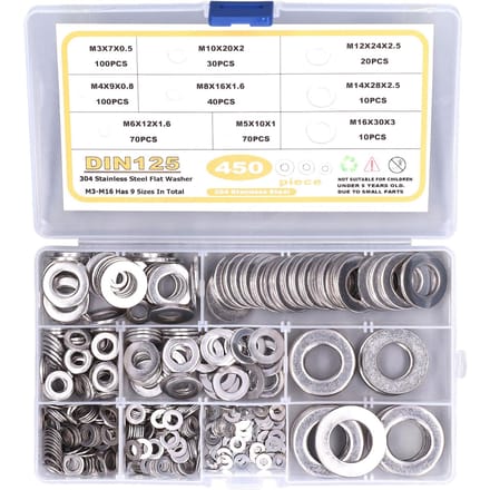 450 stuks platte ring 304 roestvrij staal M3 M4 M5 M6 M8 M10 M12 M14 M16 assortimentsset