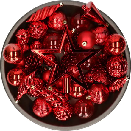 Decoris kerstballen, ornamenten en piek set - 60-delig - rood - kunststof - kerstversiering