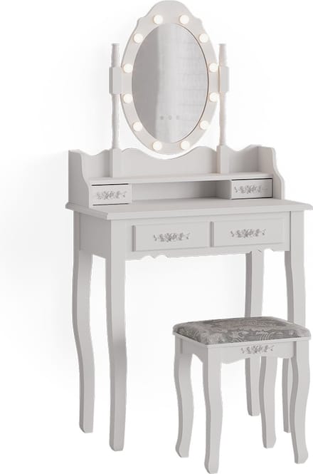 Vicco Kaptafel set met kruk Maggie, Wit, 75 cm met LED-spiegel en kruk