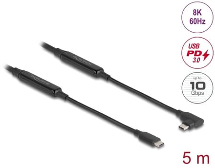 Delock Active USB 10 Gbps Cable USB Type-C™ male to male angled left / right 5 m 8K PD 60 W with E-Marker